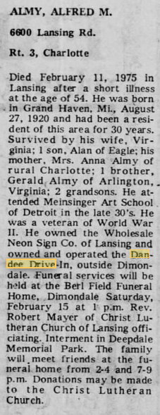 Dandee Drive-In - Feb 1975 Obituary For Alfred Amy - Owner